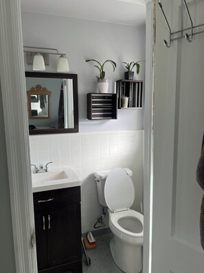 Dusj, hårføner, håndklær og såpe