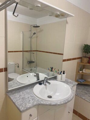 Shower, hair dryer, bidet, towels