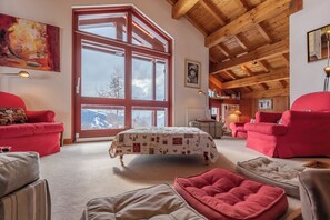 Televisio, takka, DVD-soitin, kirjoja