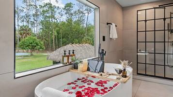 Shower, eco-friendly toiletries, hair dryer, towels