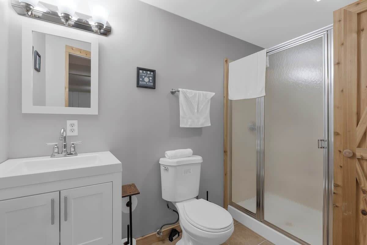 Chuveiro, secador de cabelo, toalhas de banho 