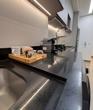 Deluxe Apartment | Private kitchen | Full-size fridge, microwave, oven, stovetop