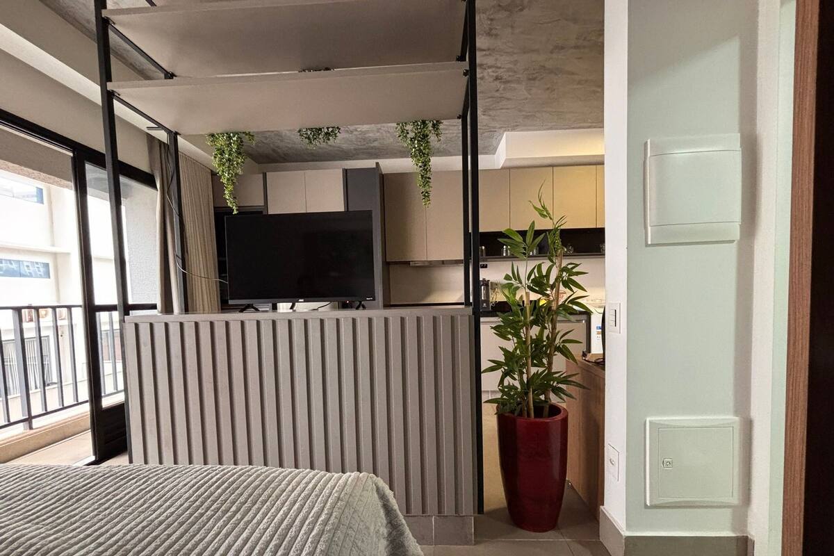A modern bedroom with a bed, a TV, a potted plant, and a view of the outside.