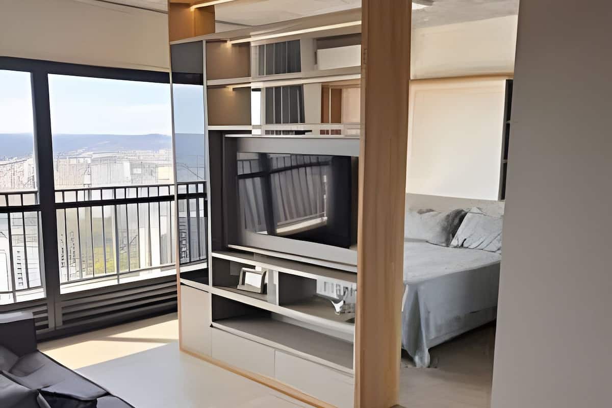 Desk, laptop workspace, blackout curtains, soundproofing