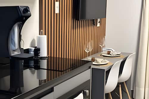 Elite Apartment | Private kitchen | Full-size fridge, microwave, stovetop, cookware/dishes/utensils