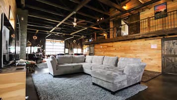 Smart TV, fireplace, foosball, books