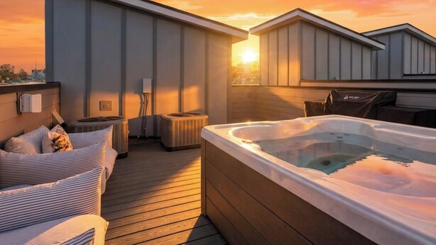 Eine Dachterrasse mit Whirlpool, einer Couch und einem Tisch.