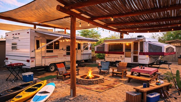 A covered outdoor area with RVs, a fire pit, kayaks, and camping chairs. - Tranquil RV in San Juanico - 3 Bedrooms (San Juanico)