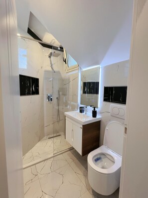 Secador de pelo, toallas, jabón, papel higiénico