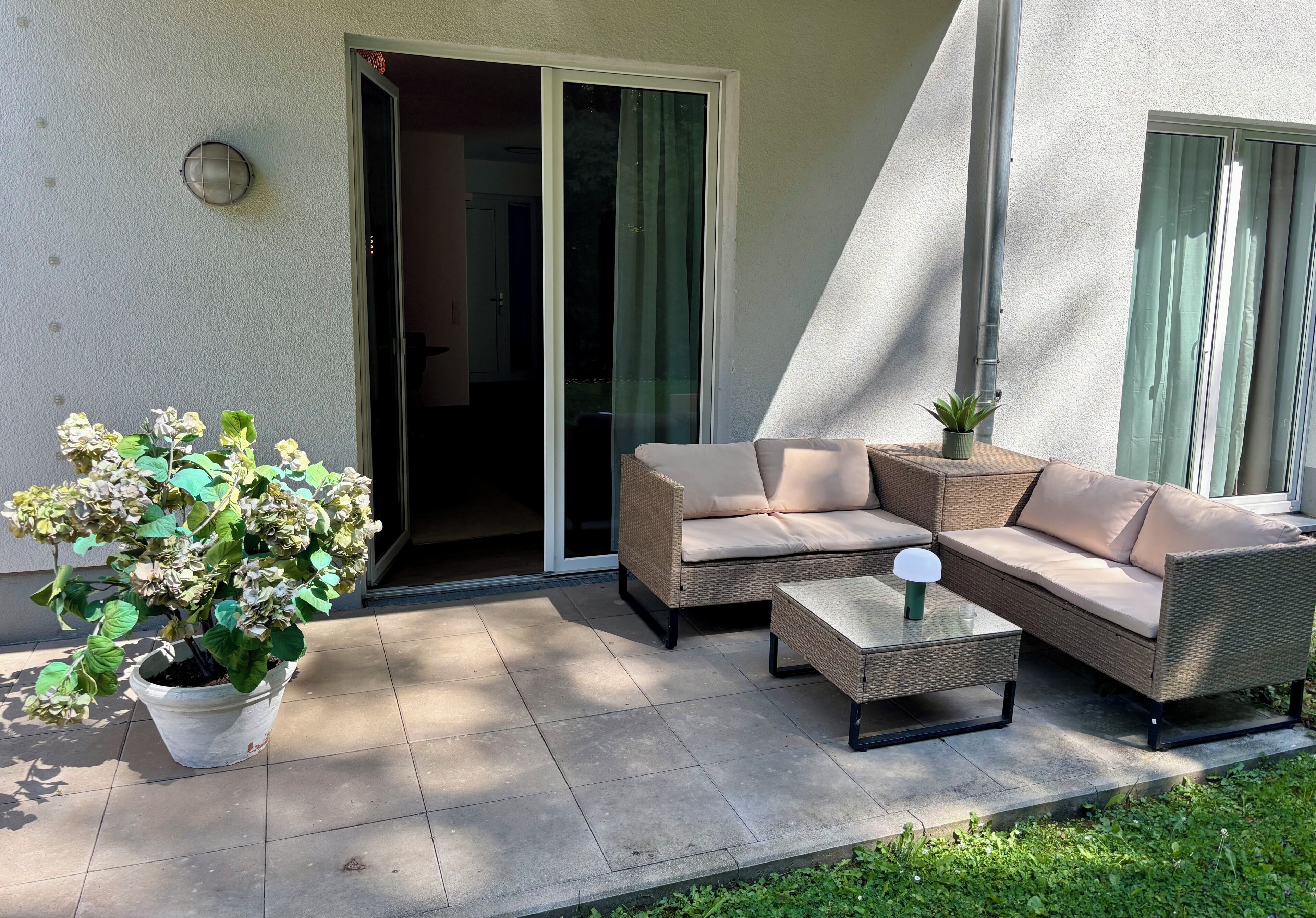An outdoor seating area with a sofa, a small table, and a potted plant.