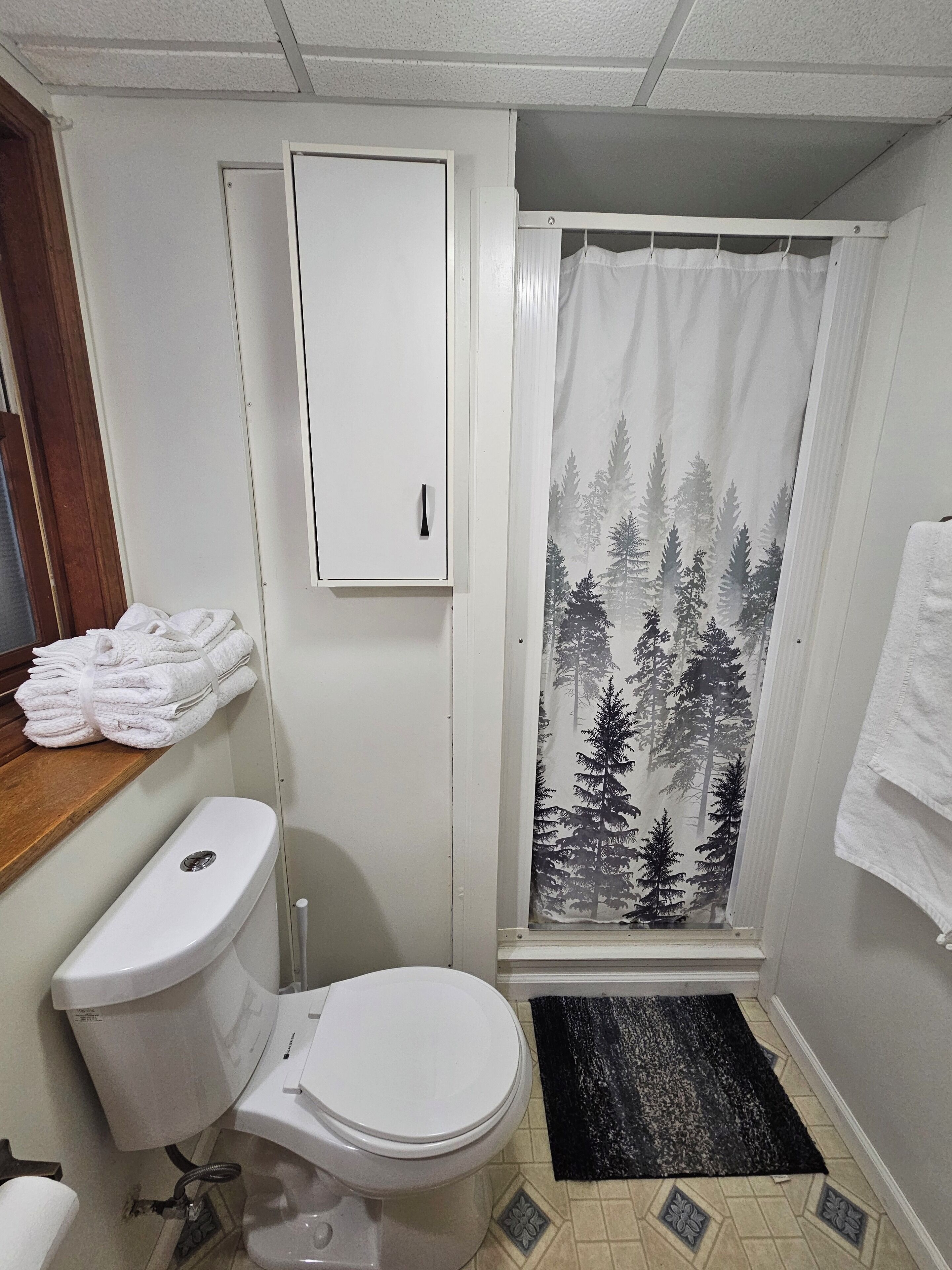 Ein Badezimmer mit Toilette, einem Schrank, einem Duschvorhang mit Waldmuster und einer schwarzen Fußmatte.
