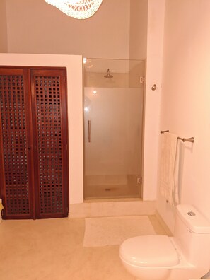 Shower, hair dryer, towels, soap