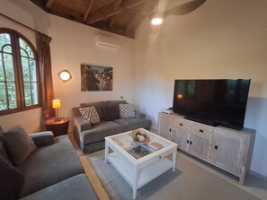 A living room with a grey sofa, a white coffee table, a TV on a wooden cabinet, and a painting on the wall. - Villa in Sea Horse Ranch, Cabarete's Most Exclusive Oceanfront Gated Community! (Sosúa)