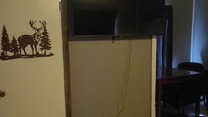Een kamer met een wandgemonteerde flatscreen-tv, een deur met een sticker van een hert en boom, en een houten vloer.