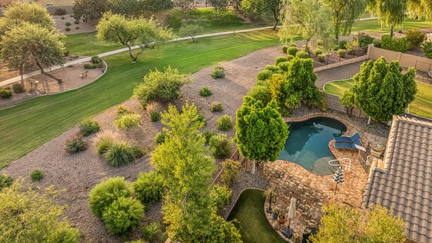 Una zona residencial con piscina, césped bien cuidado y diversidad de árboles.