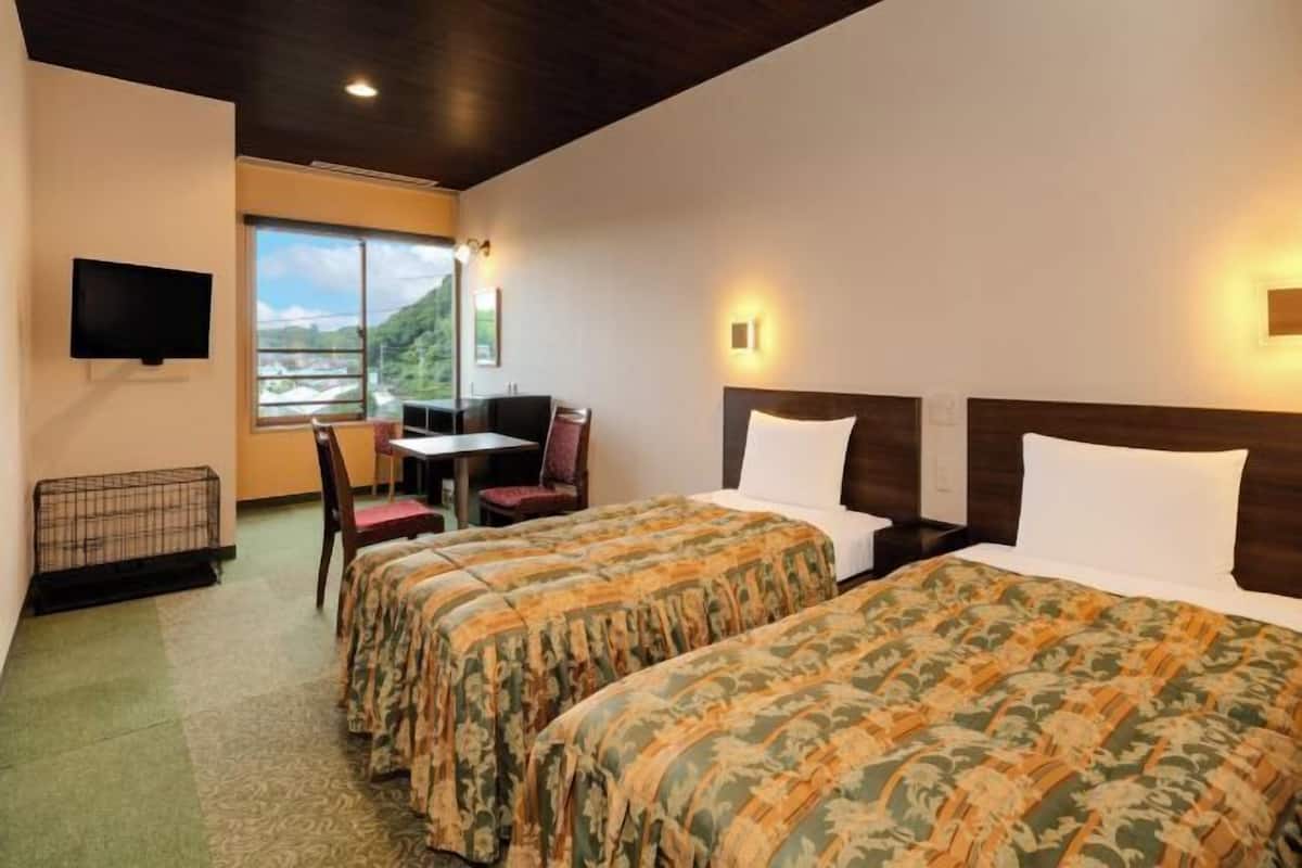 Habitación de hotel con dos camas, televisión, escritorio y silla.