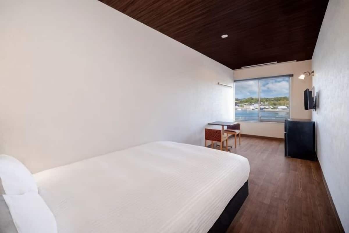 Habitación de hotel con cama, escritorio, silla, televisor y un amplio ventanal con vistas.
