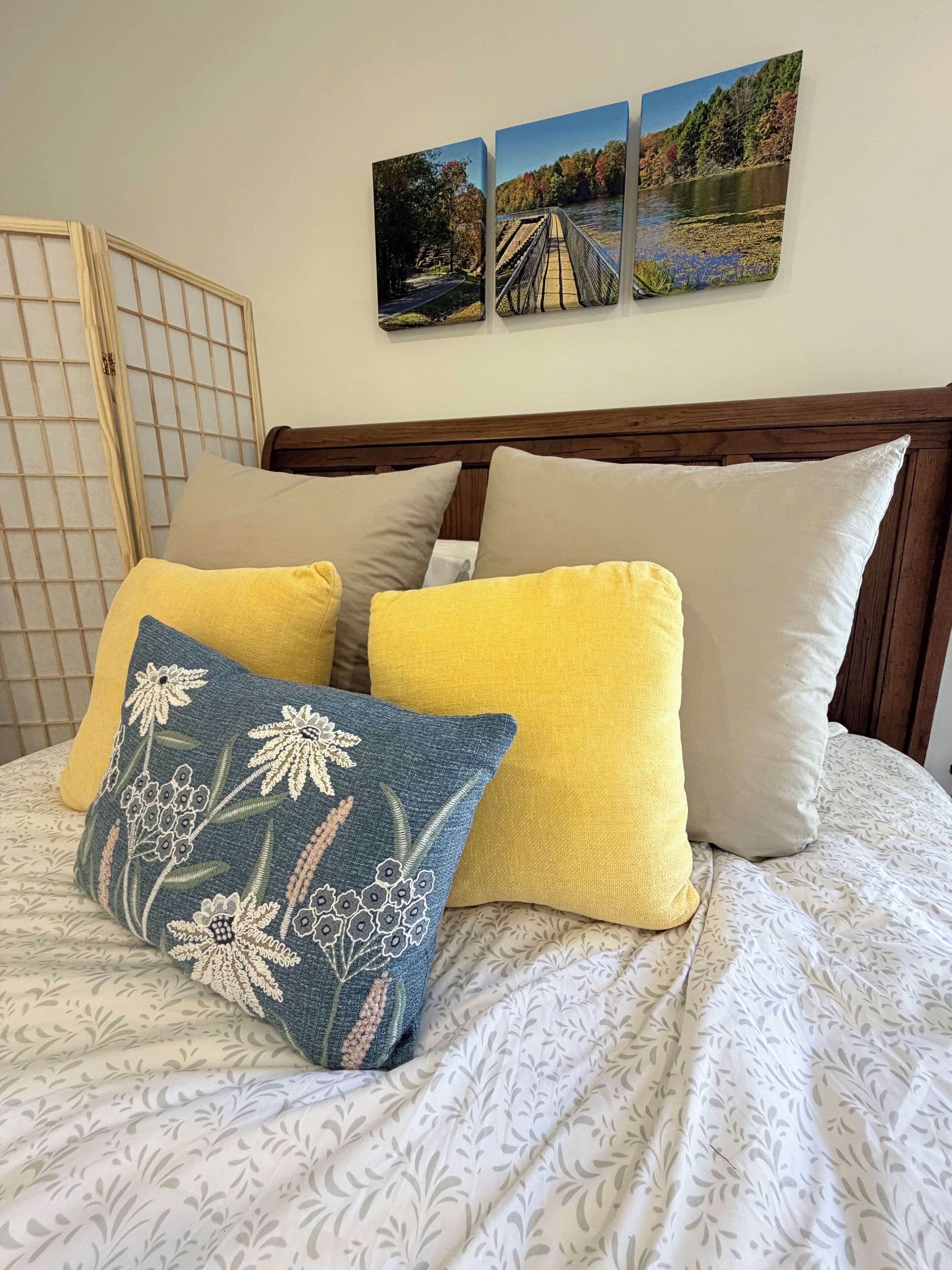 A bed with patterned bedding, three pillows, and two wall-mounted pictures depicting outdoor scenes.