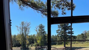 A view through a window of a lake, surrounded by trees and a wooden deck.