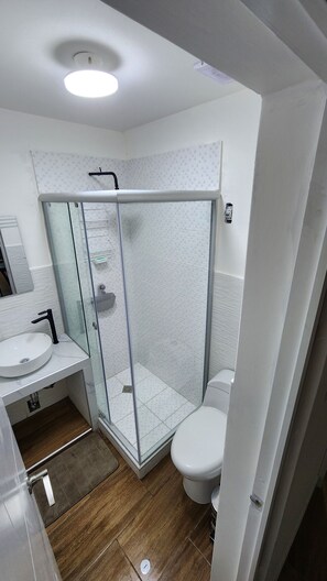 Shower, towels, soap, toilet paper