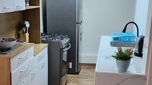 Fridge, stovetop, electric kettle, blender