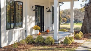 A white house with a covered porch, large windows, and a small garden with potted plants and a tree. - Fox Cottage – Modern Wine Country Retreat in Afton, VA (Afton)