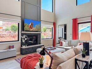 Smart TV, fireplace, video games, ping pong
