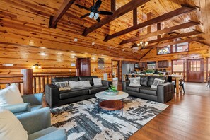 Smart-TV, peis, bøker og stereoanlegg