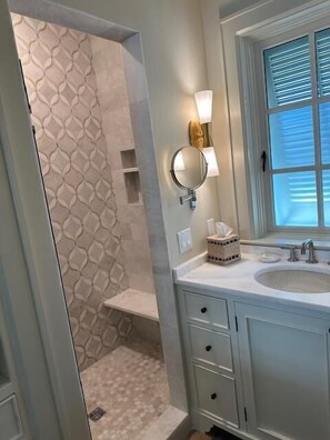 Dusch, hårtork och handdukar