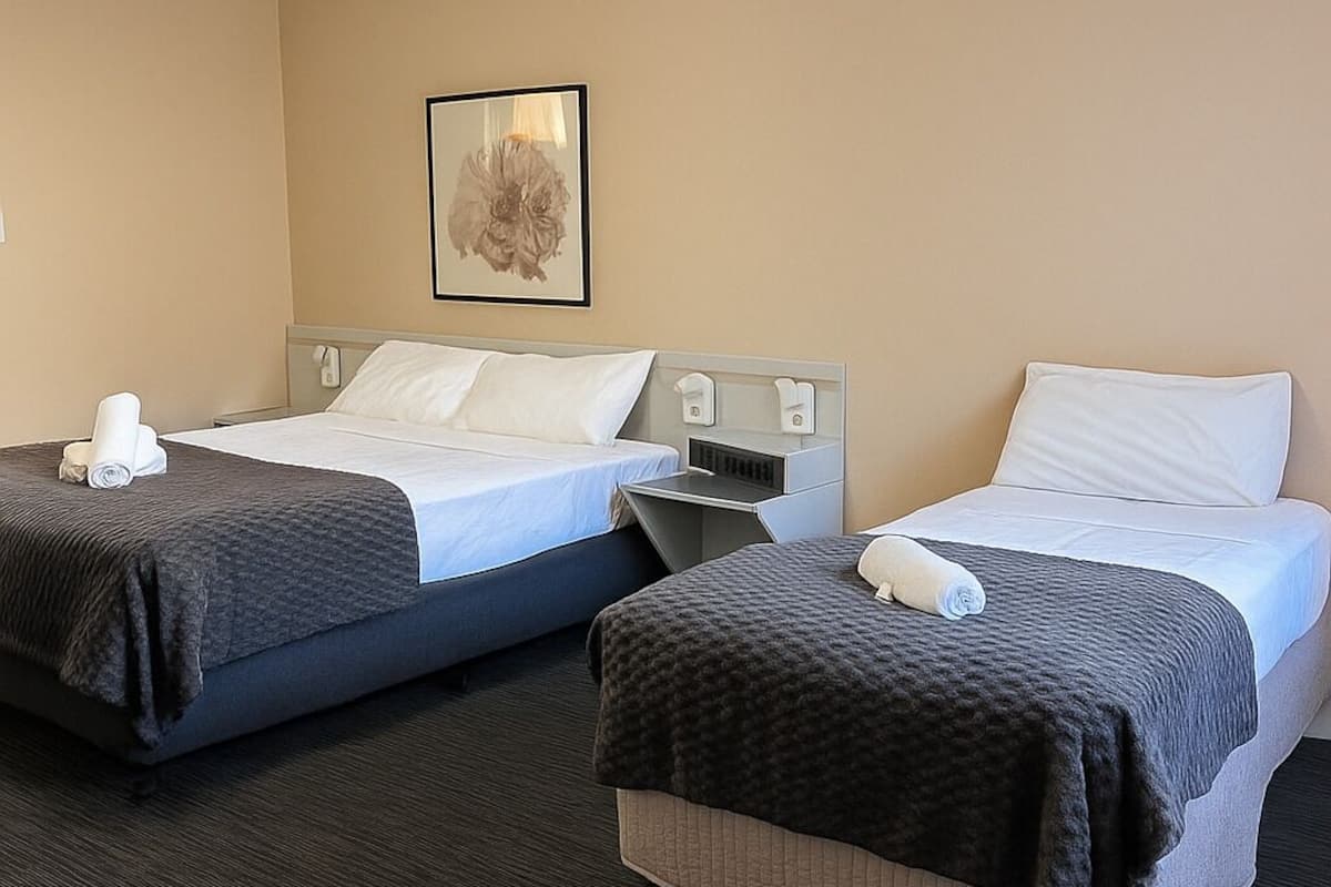 Une chambre d’hôtel avec deux lits, chacun recouvert d’une couverture sombre et agrémenté d’oreillers blancs. Un tableau encadré est accroché au mur, au-dessus des lits.