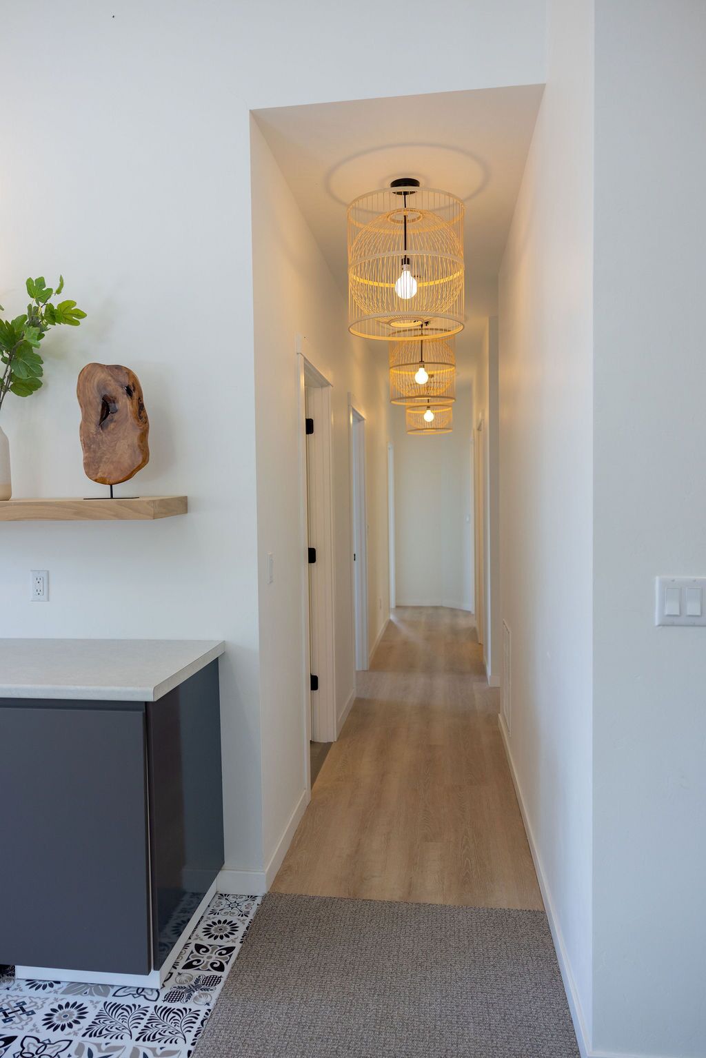 Un couloir doté d’un plancher en bois, d’un tapis gris à l’entrée, d’un mur blanc orné d’une étagère sur laquelle sont posés une plante et une sculpture en bois, et d’un luminaire suspendu avec trois ampoules.