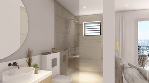 Shower, hair dryer, slippers, towels