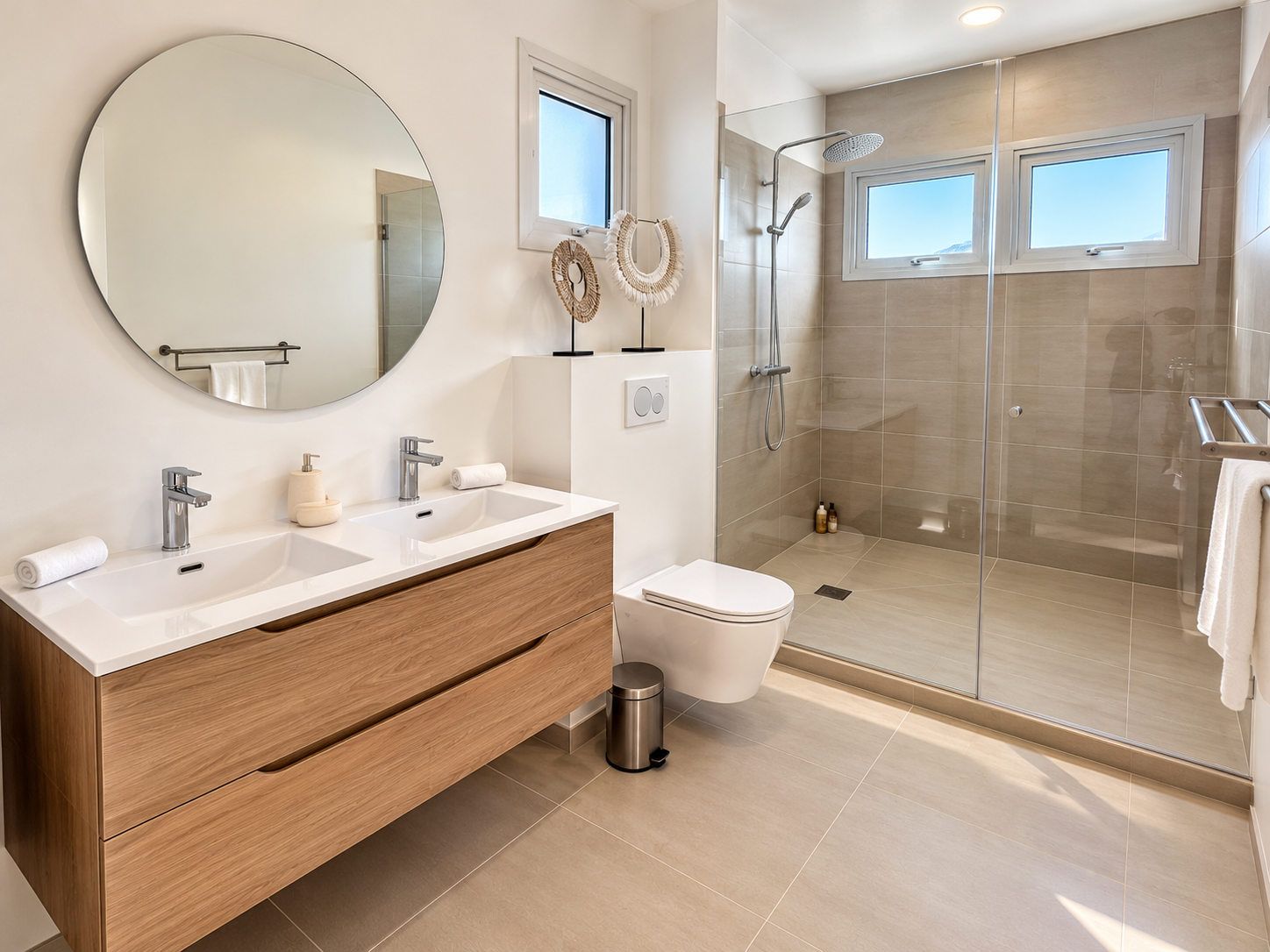 A modern bathroom with a double sink vanity, a toilet, a shower enclosure, and a large mirror.