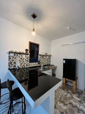 Fridge, stovetop, blender, cookware/dishes/utensils