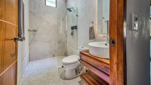 A modern bathroom with a glass shower enclosure, a white toilet, and a wooden vanity with a sink. - Premium Suite with Pool (Nuevo Vallarta)