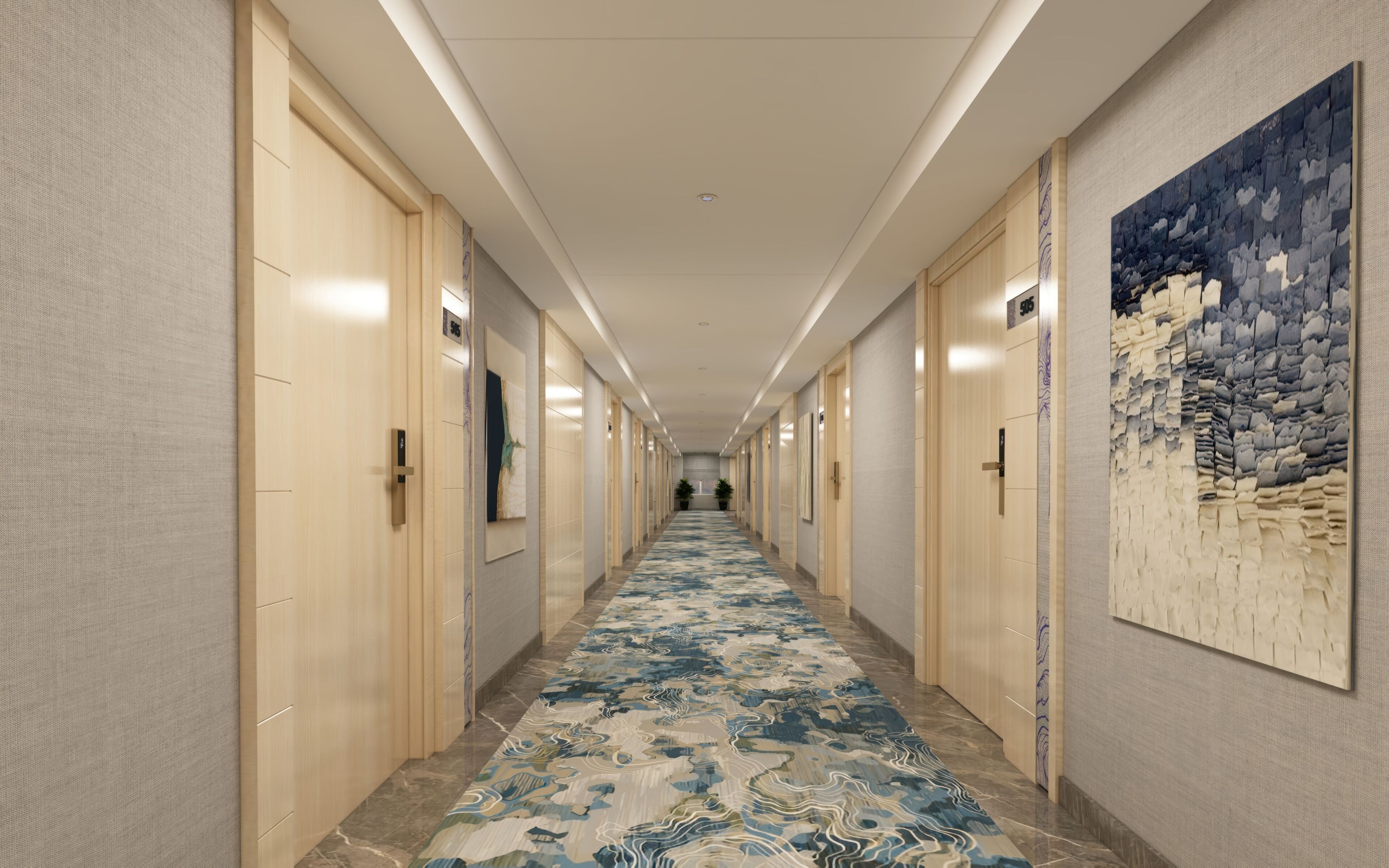 A long hallway with wooden doors, a patterned carpet, and a large abstract painting on the right wall.
