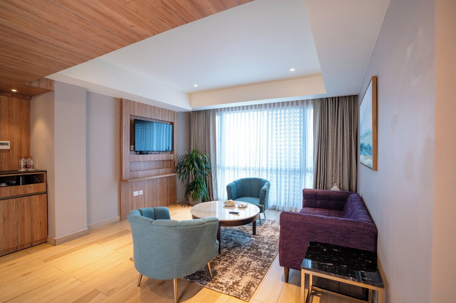 Una sala de estar moderna con un televisor de pantalla plana, dos sillones, un sofá, una mesa de centro y una planta en maceta.