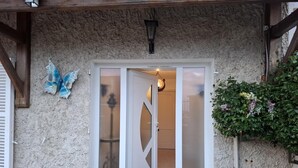 Entrada rústica de un edificio con puerta de vidrio, un farol de metal y una flor azul decorativa en la pared.
