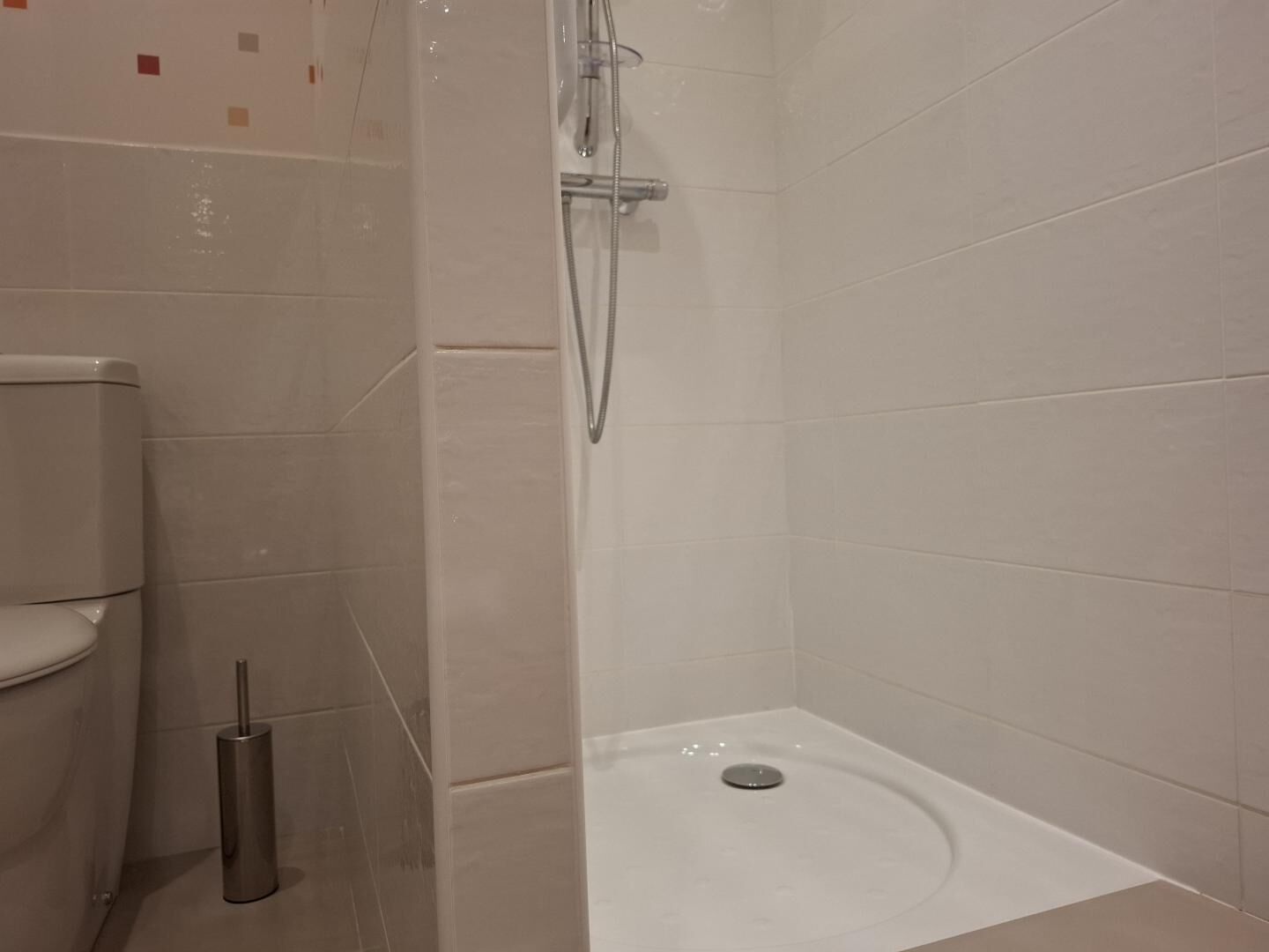A bathroom with a toilet, a shower, and a bidet.