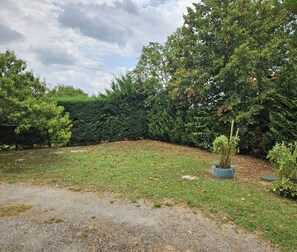 Ein angelegter Garten mit verschiedenen Bäumen und Sträuchern, einem Kiesweg und einer Rasenfläche.