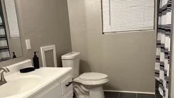 Shower, towels, soap, toilet paper