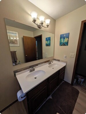 Hair dryer, towels, soap, toilet paper