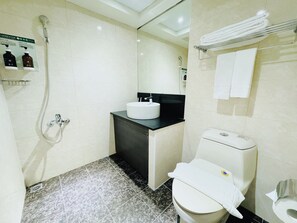 Hair dryer, slippers, towels, shampoo