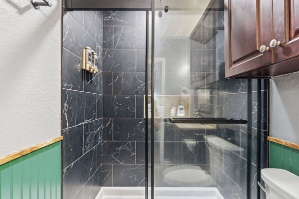 Shower, hair dryer, towels, soap