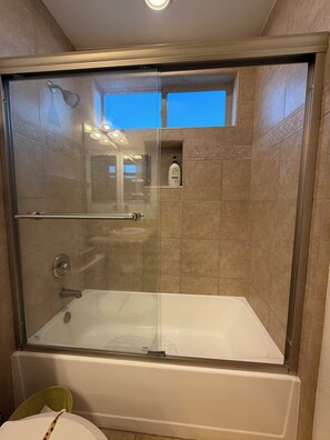 Hair dryer, towels, soap, shampoo