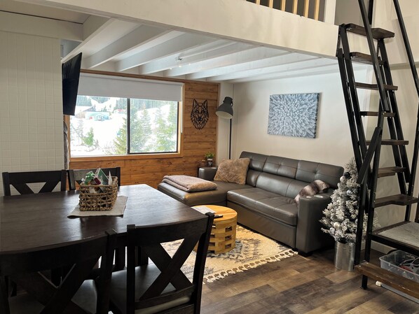 Smart TV, fireplace, video games, DVD player