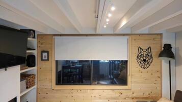 Smart TV, fireplace, video games, DVD player