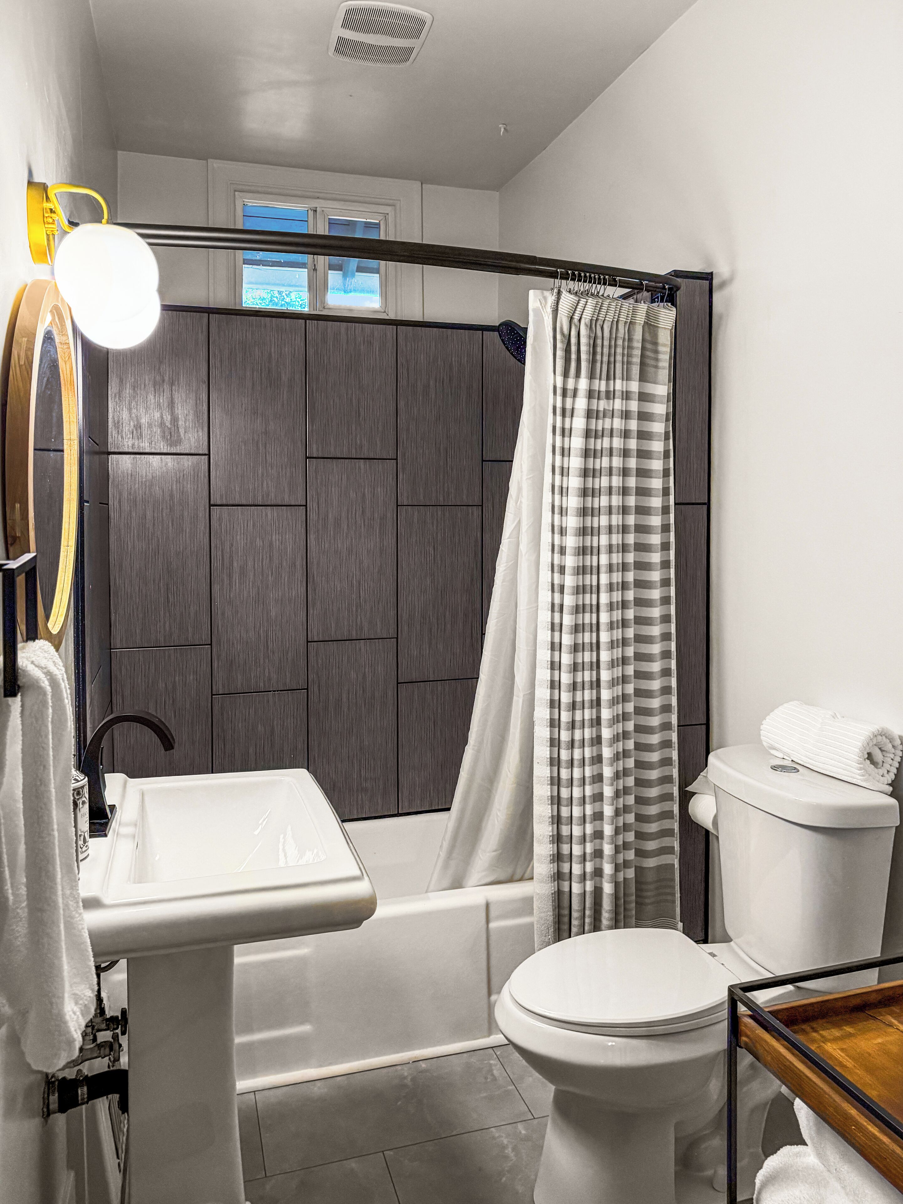 Hair dryer, towels, soap, toilet paper