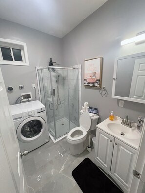 Chuveiro, secador de cabelo, toalhas de banho, papel higiênico