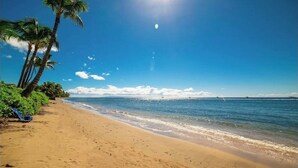 Una playa con palmeras, cielo azul despejado y mar tranquilo.